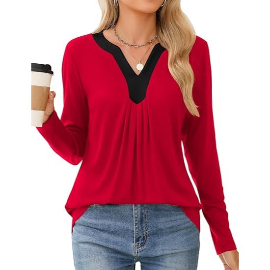 Women's Business Casual V-Neck Smocked Long Sleeve Shirts