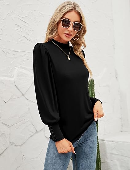 Women's Mock Neck Puff Sleeve Long Sleeve Shirts