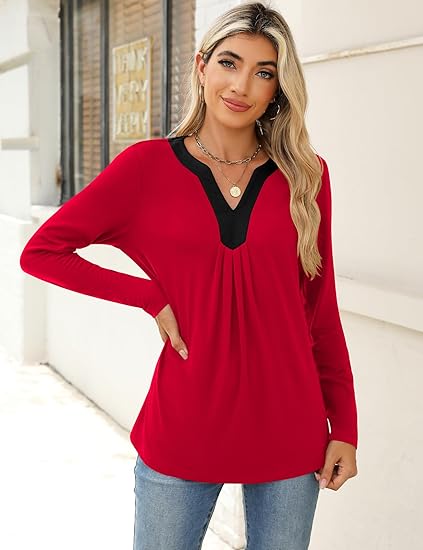 Women's Business Casual V-Neck Smocked Long Sleeve Shirts