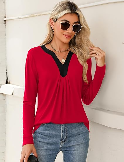 Women's Business Casual V-Neck Smocked Long Sleeve Shirts