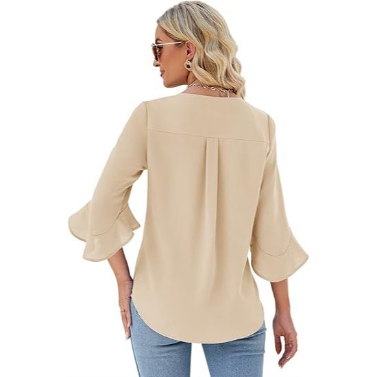 Women's V-Neck 3/4 Ruffle Sleeve Chiffon Shirts