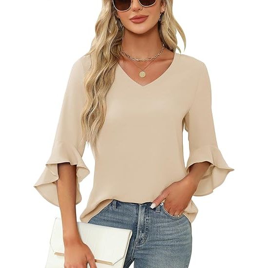 Women's V-Neck 3/4 Ruffle Sleeve Chiffon Shirts