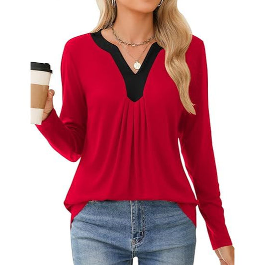 Women's Business Casual V-Neck Smocked Long Sleeve Shirts