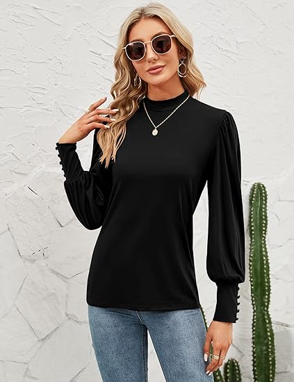 Women's Mock Neck Puff Sleeve Long Sleeve Shirts