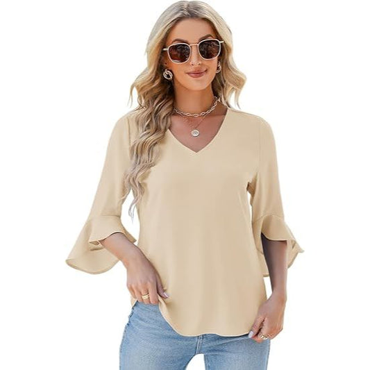 Women's V-Neck 3/4 Ruffle Sleeve Chiffon Shirts