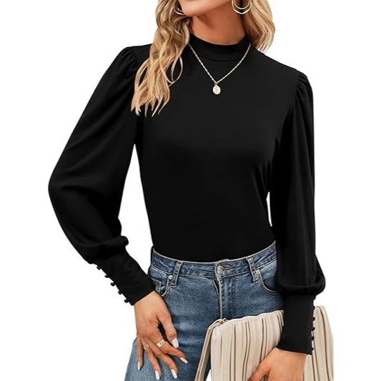 Women's Mock Neck Puff Sleeve Long Sleeve Shirts